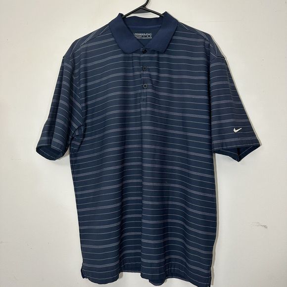 Nike Shirt Mens Large Navy Blue Striped Short Sleeve Golf Polo Dri Fit Mesh - Picture 1 of 6